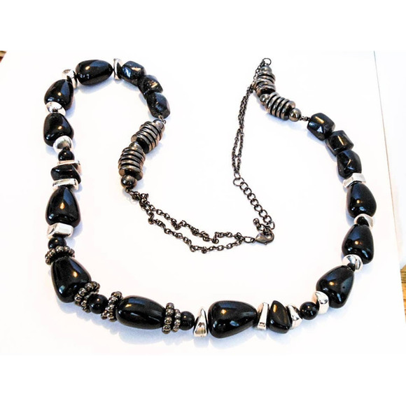 Vintage Black Nugget Necklace Lucite Beads 32-38 Inch Victorian Style - Picture 1 of 6